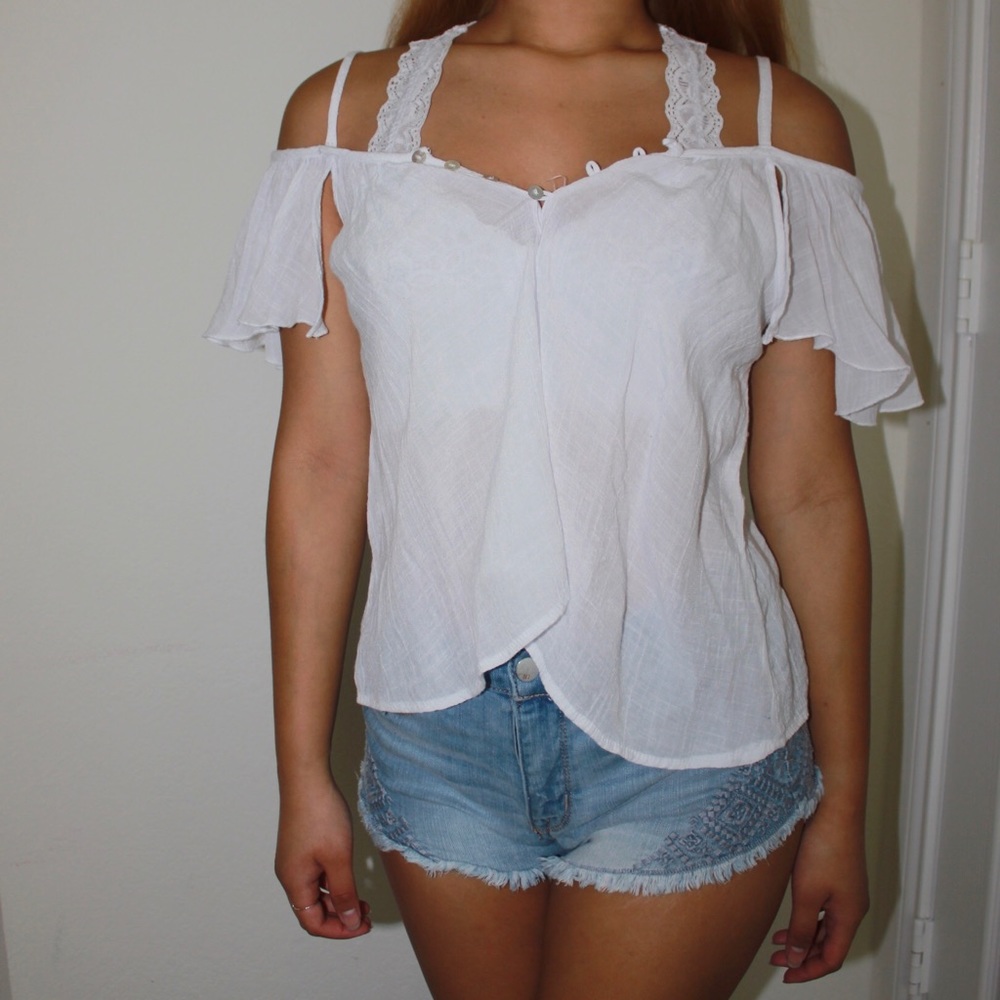 off the shoulder see through white shirt
